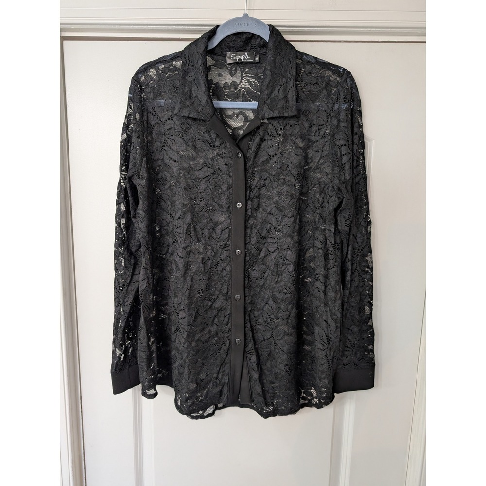 Sympli Womens Black Floral Lace Button Down Shirt Size 10 whimsigoth Victorian